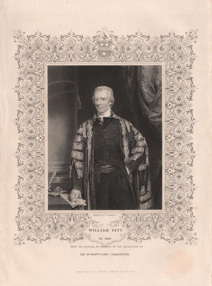 William Pitt. Prime Minister. TALLIS 1853 old antique vintage print picture